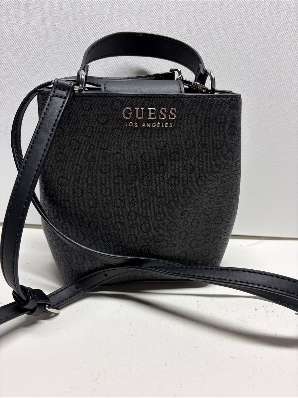 GUESS Black Monogram Mini Crossbody Bucket Bag